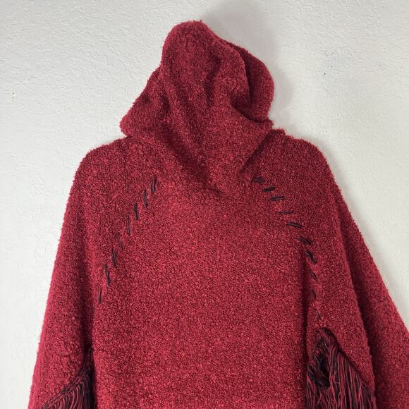 FM Red Knitted Poncho Size One Size Zip Front Hooded With Tassels, Boho, Gypsy - Picture 5 of 9